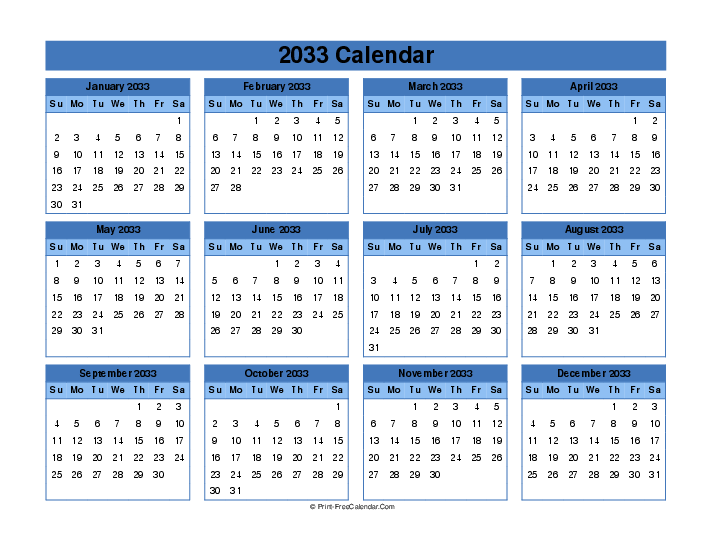 editable calendar 2033 sunday start landscape