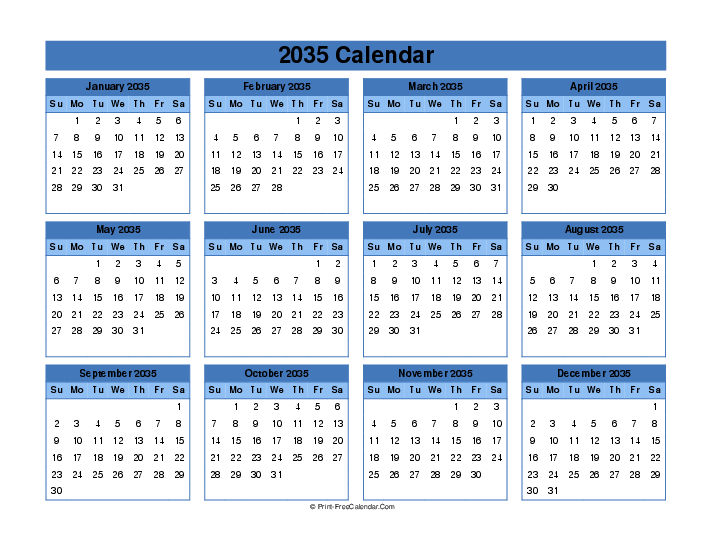 editable calendar 2035 sunday start landscape