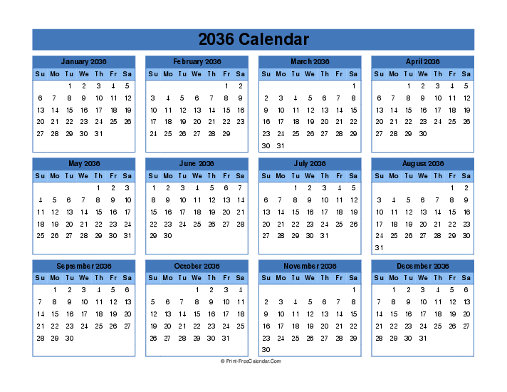 editable calendar 2036 sunday start landscape
