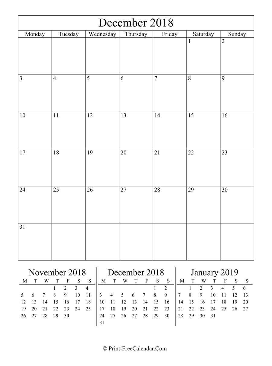 Editable Calendar December 2018 (Portrait Layout)
