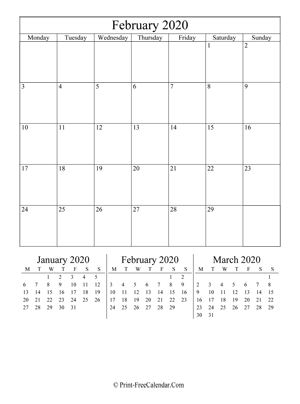 editable calendar february 2020 (portrait layout)