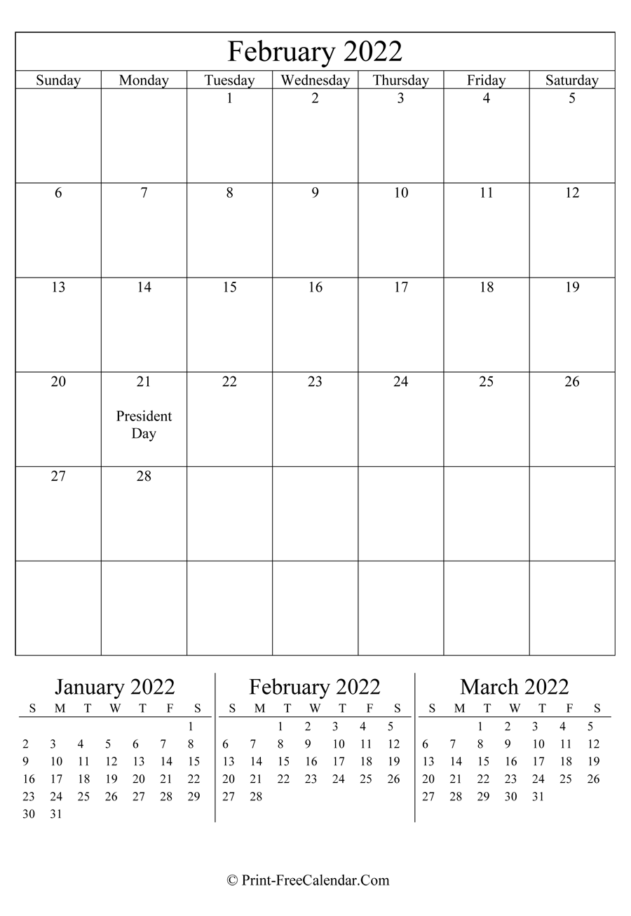 Editable Calendar February 2022 (Portrait Layout)