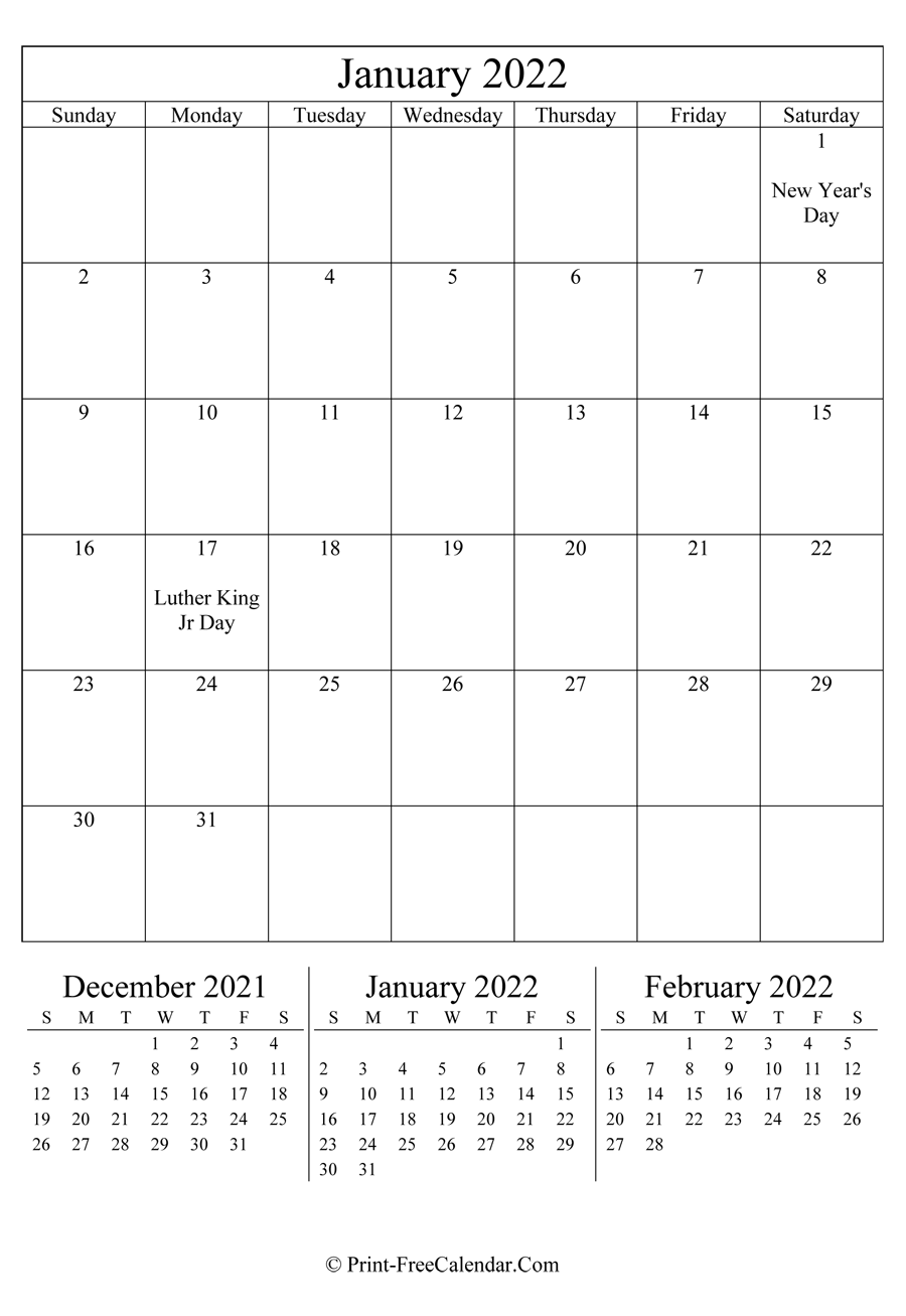 Editable Calendar January 2022 (Portrait Layout)