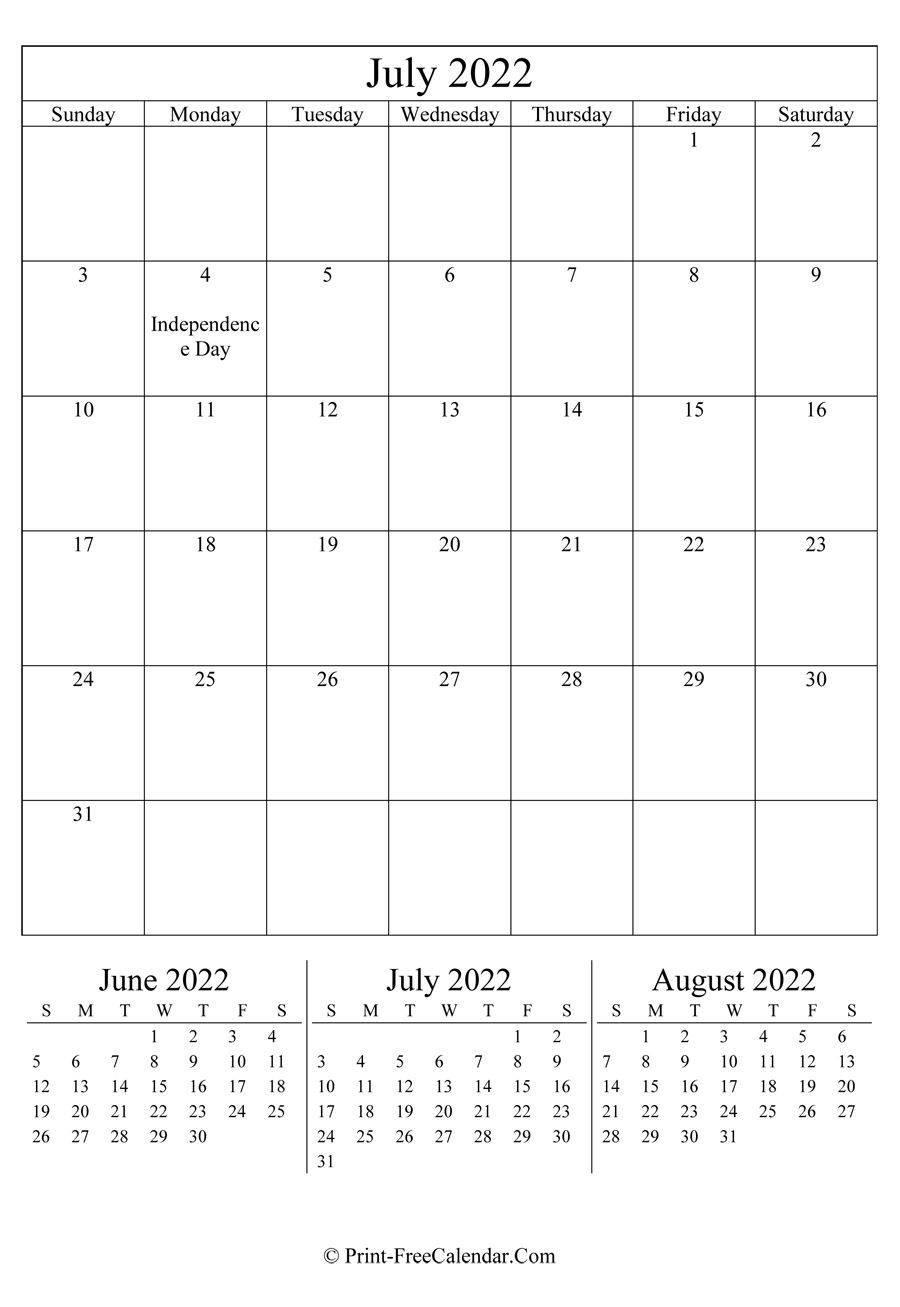 Editable Calendar July 2022 (Portrait Layout)
