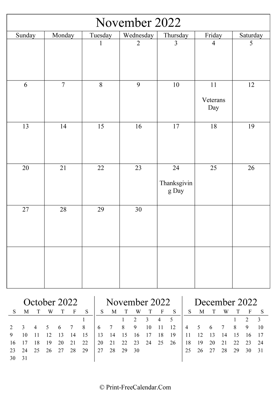 Editable Calendar November 2022 (Portrait Layout)