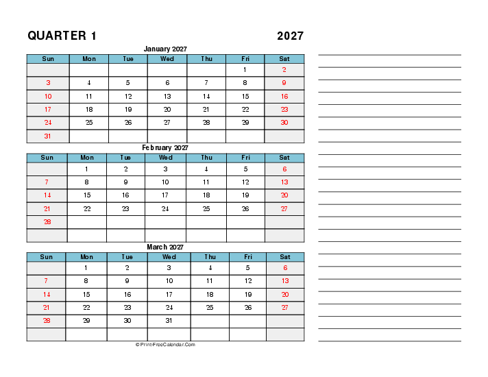 editable calendar quarter 1 2027 sunday start