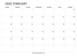editable february calendar 2020 (landscape layout)