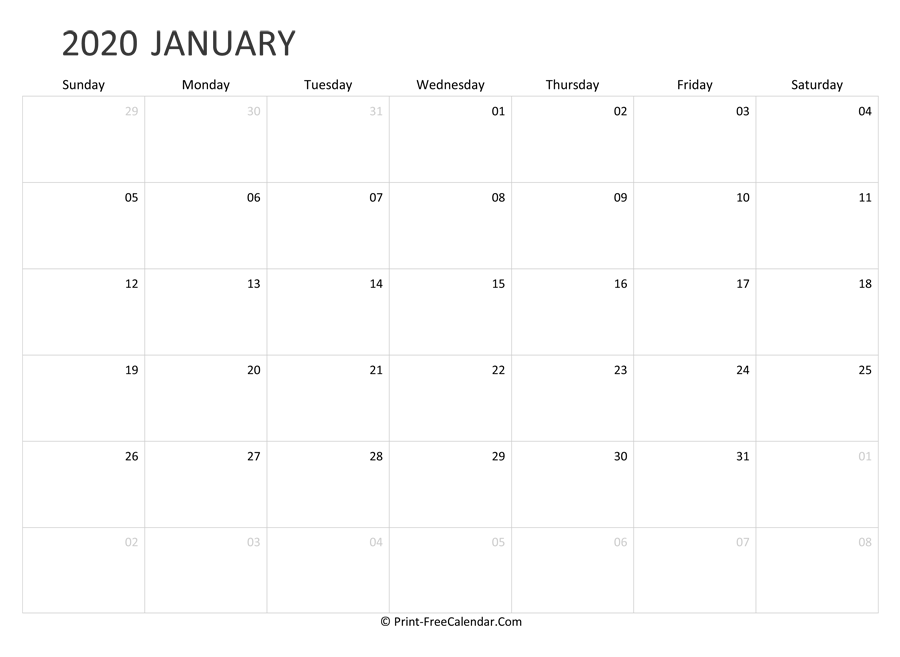 Editable January Calendar 2020 Landscape Layout