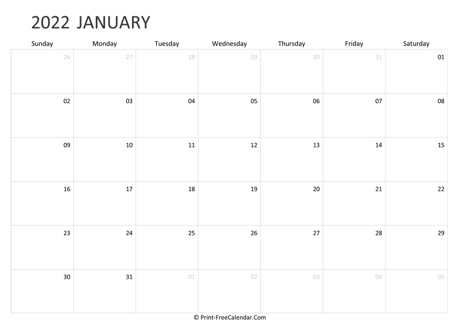 Editable January Calendar 2022 (landscape layout)