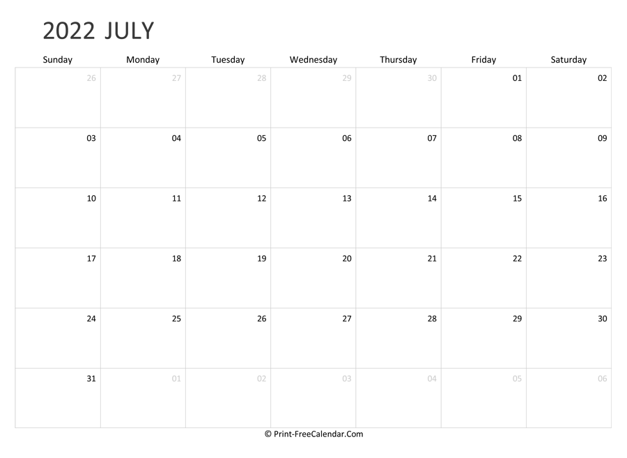 Editable July Calendar 2022 (landscape layout)