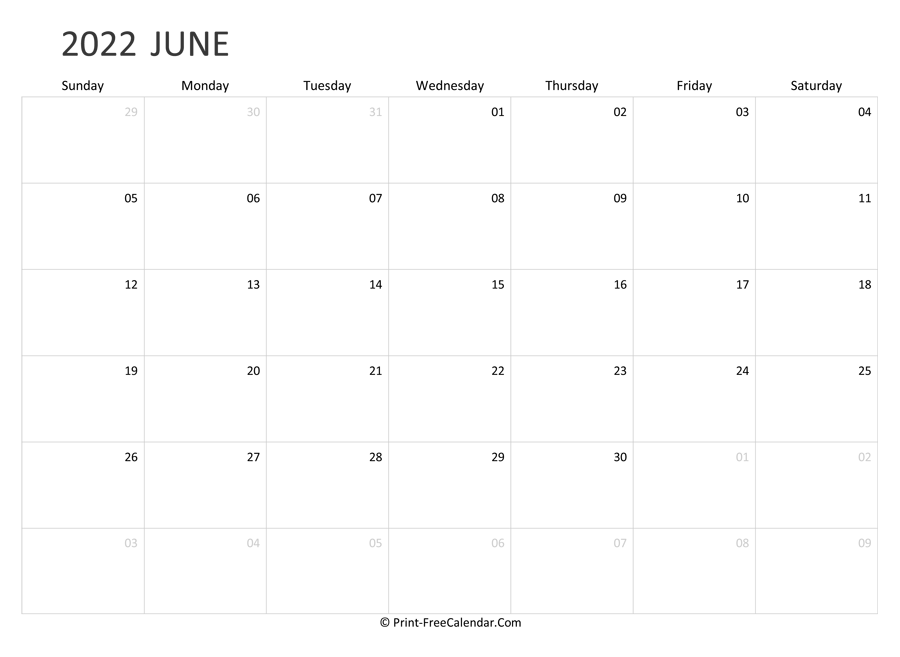 Editable June Calendar 2022 (landscape layout)
