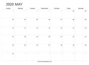 editable may calendar 2020 landscape layout