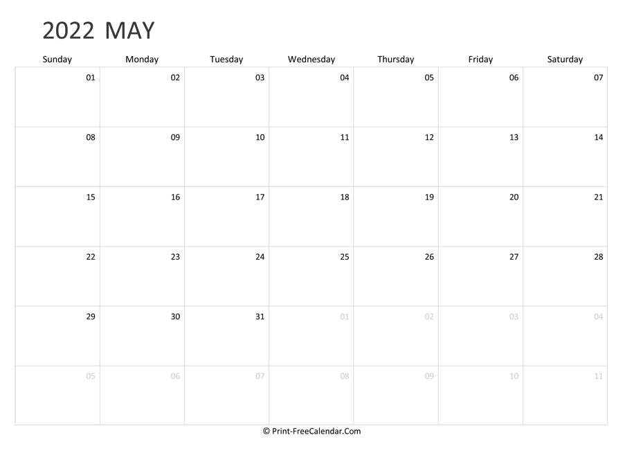 Editable May Calendar 2022 (landscape layout)