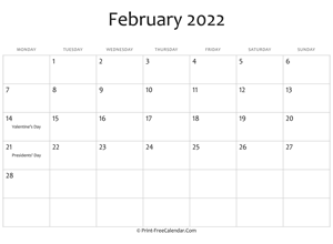 february 2022 editable calendar holidays
