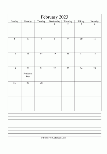 february 2023 calendar printable with notes vertical layout