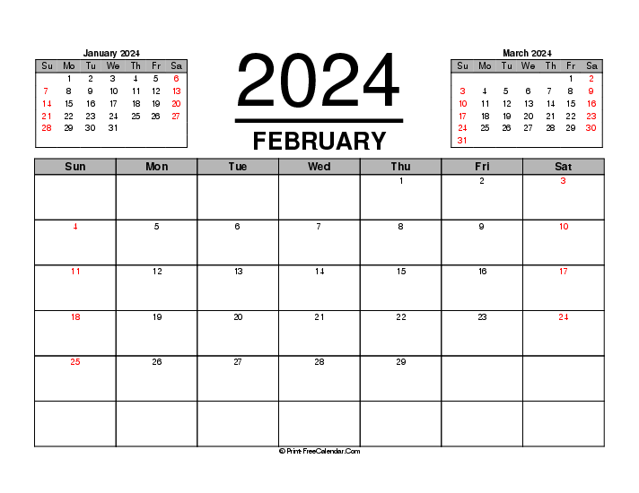 february 2024 calendar with previous and next month