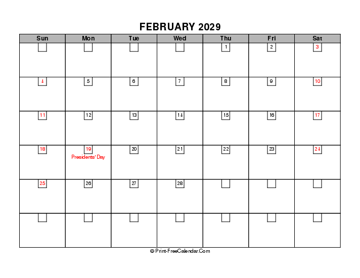 february 2029 boxy calendar with usa holidays, week start on sunday, Landscape orientation