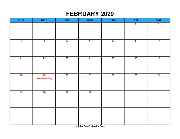 february 2029 calendar with usa holidays, week start on sunday, Landscape orientation