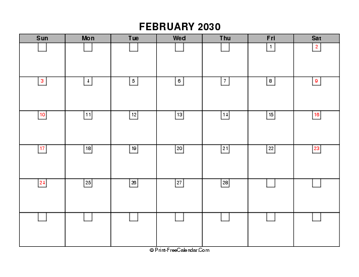 february 2030 boxy calendar with uk-bank holidays, week start on sunday, Landscape orientation