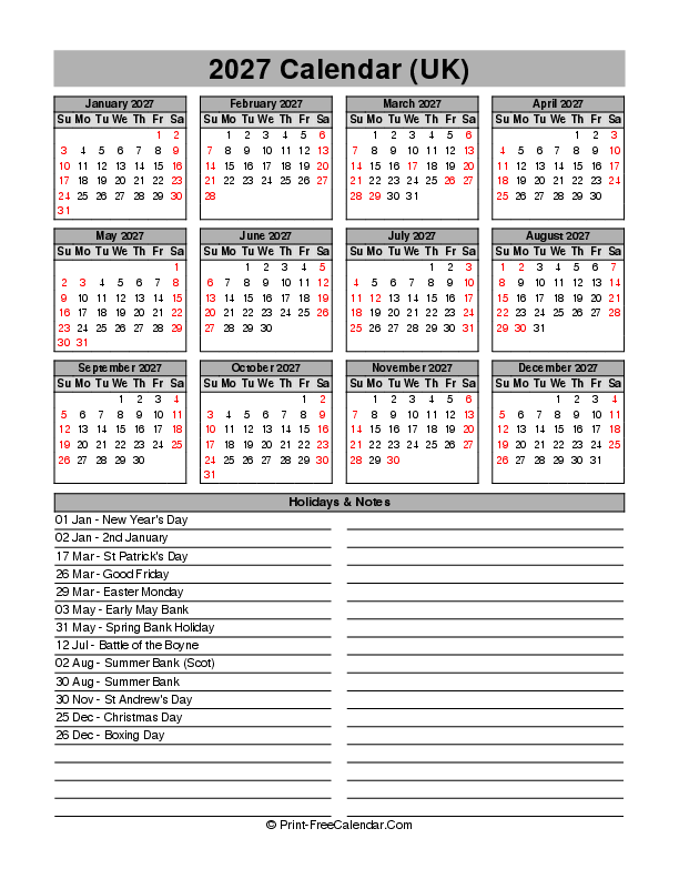 fillable 2027 calendar with uk-bank holidays, week start on sunday, Portrait orientation
