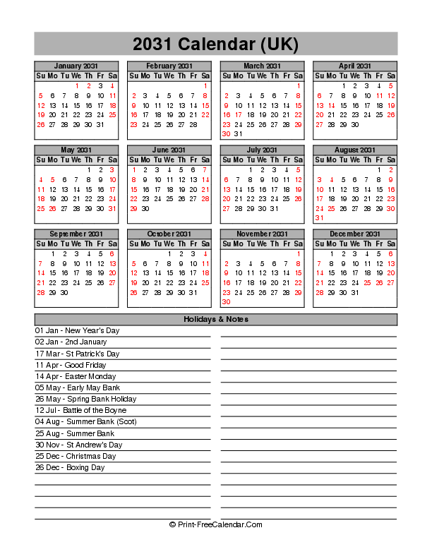 Fillable 2031 Calendar With Uk Bank Holidays Sunday Start, Portrait Layout