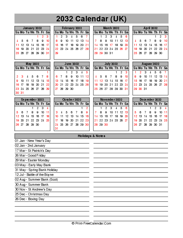 Fillable 2032 Calendar With Uk Bank Holidays Sunday Start, Portrait Layout