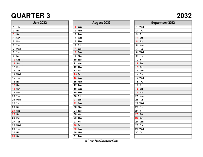 Download Quarter 3 2032 Printable Calendar With Us Holidays Sunday Start