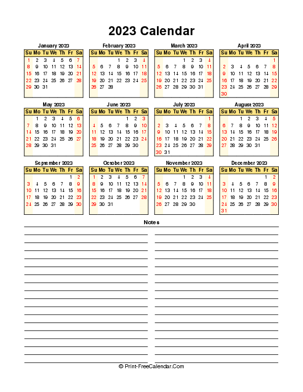 free calendar 2023 sunday start portrait