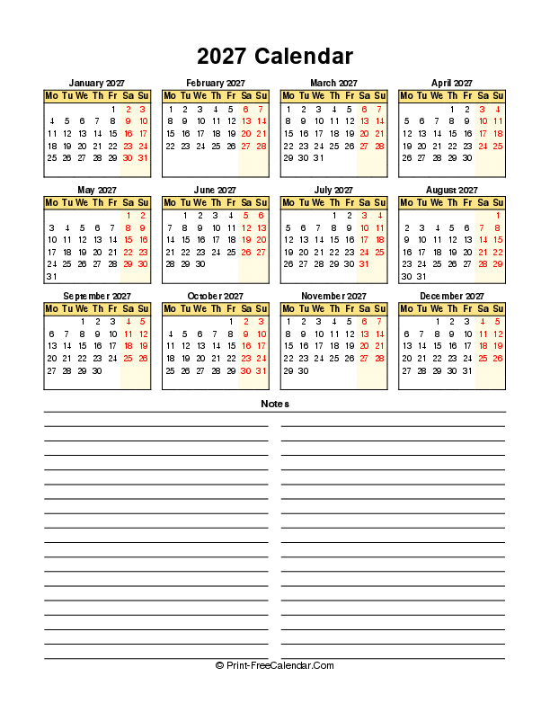 free calendar 2027 portrait monday start