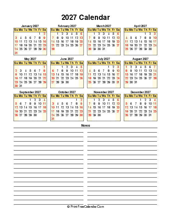 free calendar 2027 sunday start portrait