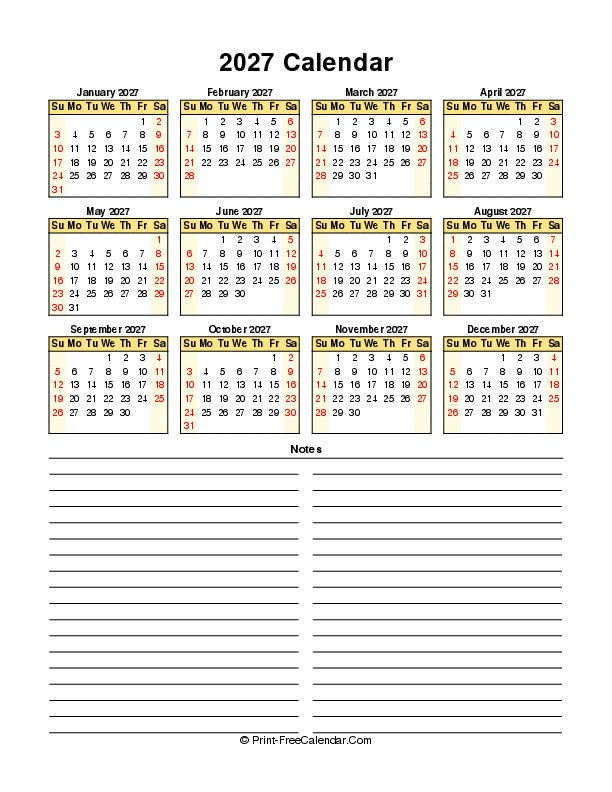 free calendar 2027 sunday start portrait
