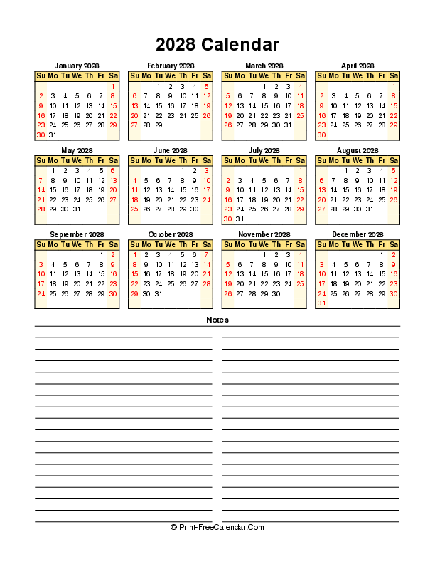 Free Calendar 2028 Sunday Start, Portrait Layout