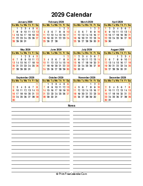 free calendar 2029 sunday start portrait