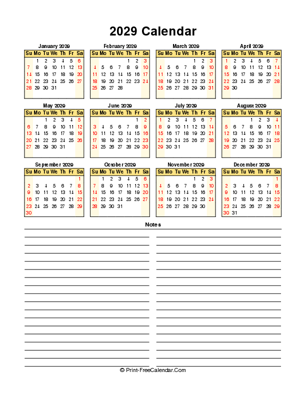 Free Calendar 2029 Sunday Start, Portrait Layout