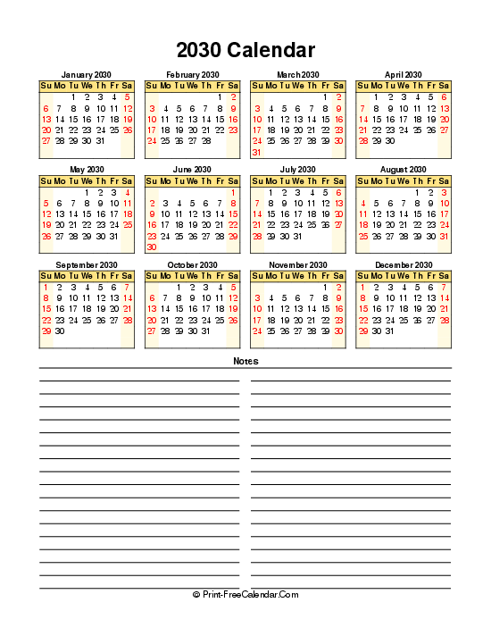 free calendar 2030 sunday start portrait