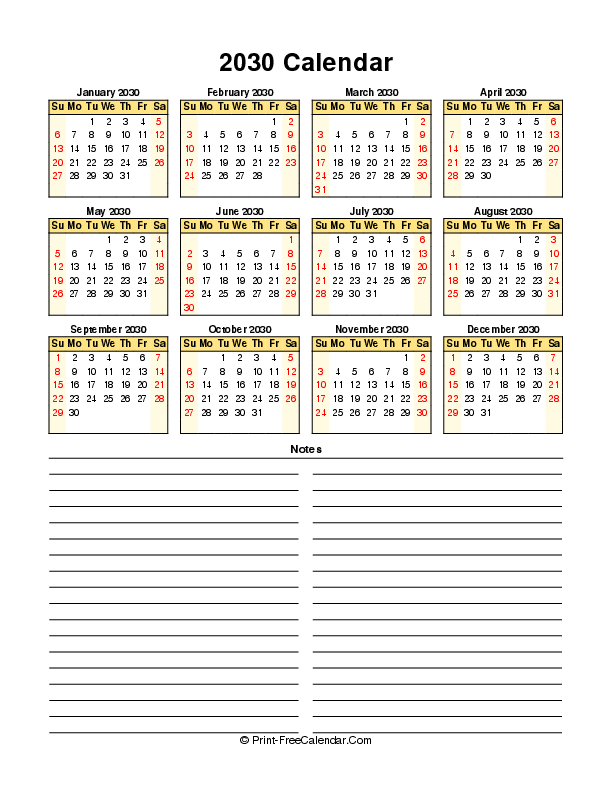 Free Calendar 2030 Sunday Start, Portrait Layout
