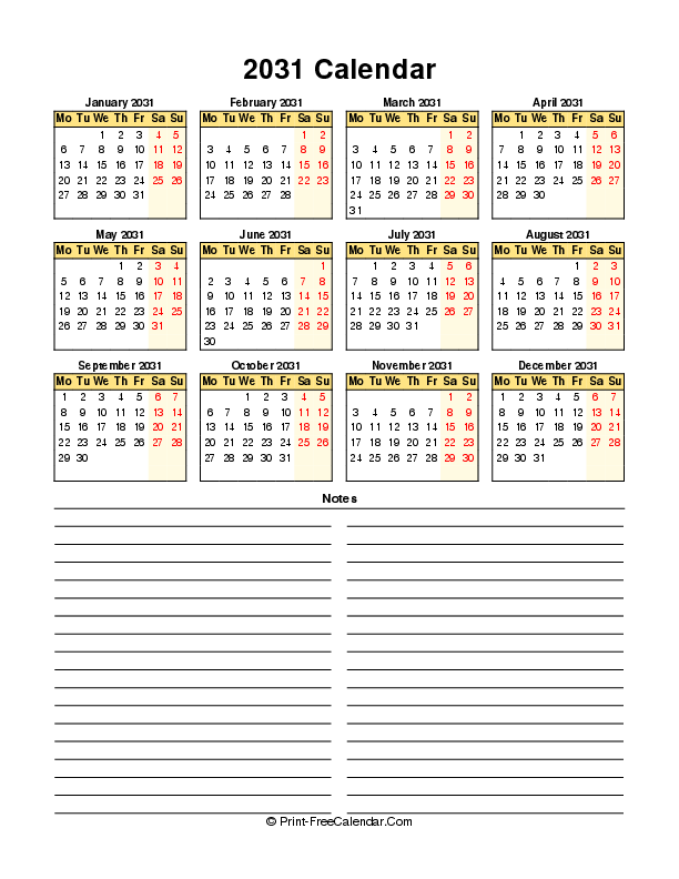 free calendar 2031 portrait monday start