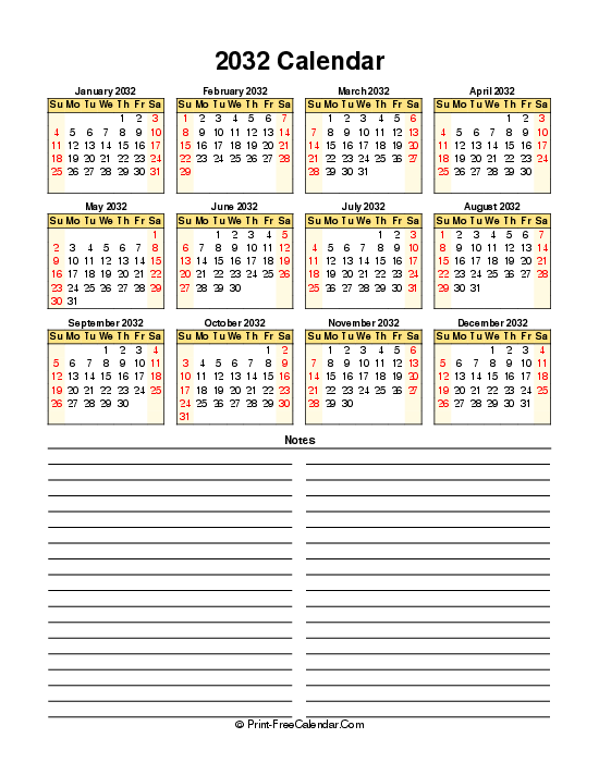 free calendar 2032 sunday start portrait