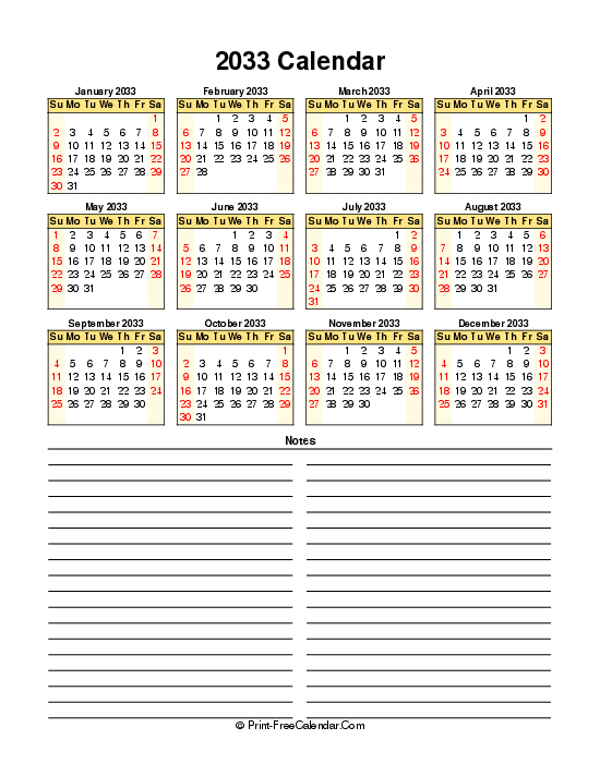 free calendar 2033 sunday start portrait