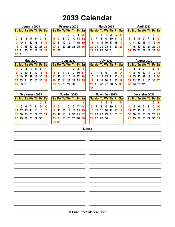 free calendar 2033 sunday start portrait