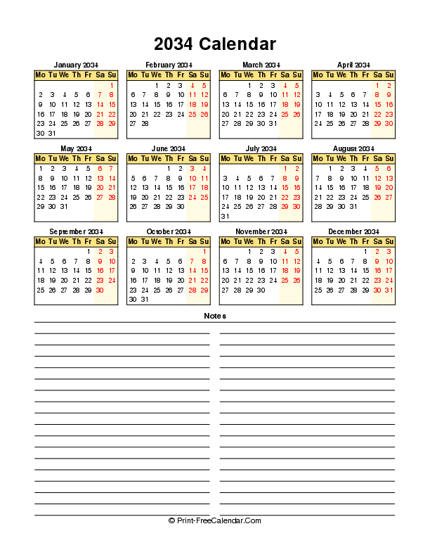 free calendar 2034 portrait monday start