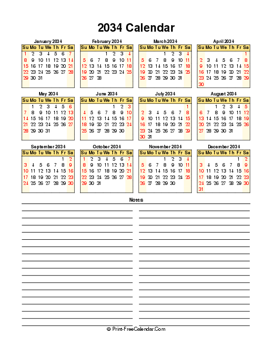 free calendar 2034 sunday start portrait