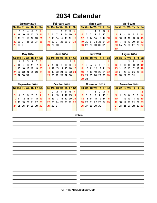 free calendar 2034 sunday start portrait
