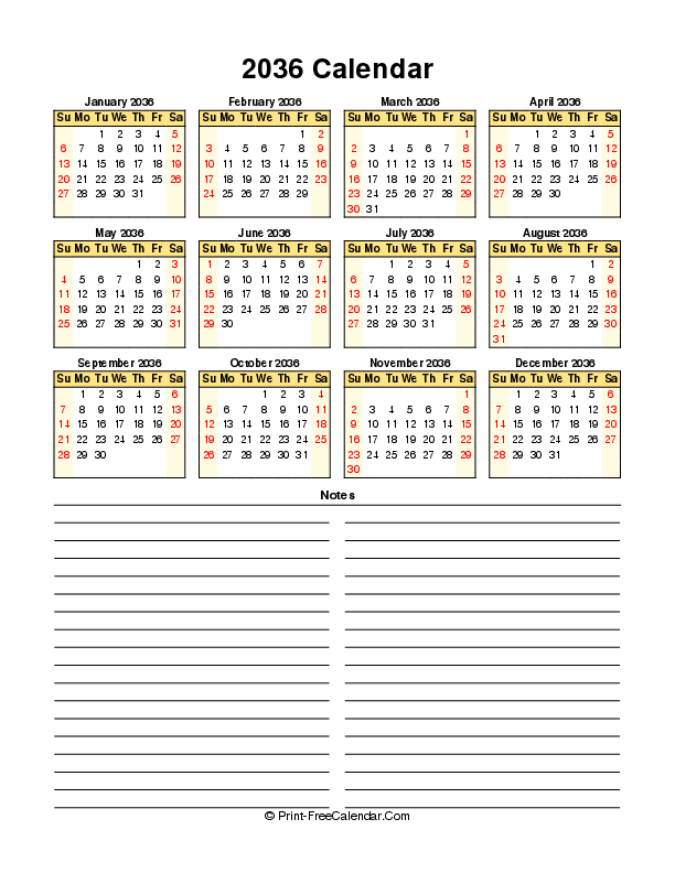 Free Calendar 2036 Sunday Start, Portrait Layout
