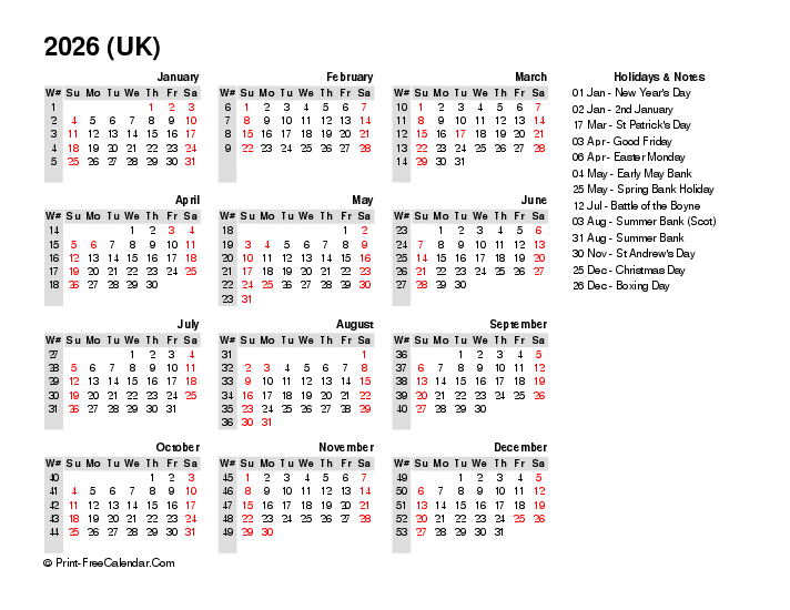 Download And Print 2026 Calendar Printable Uk Free PDF 