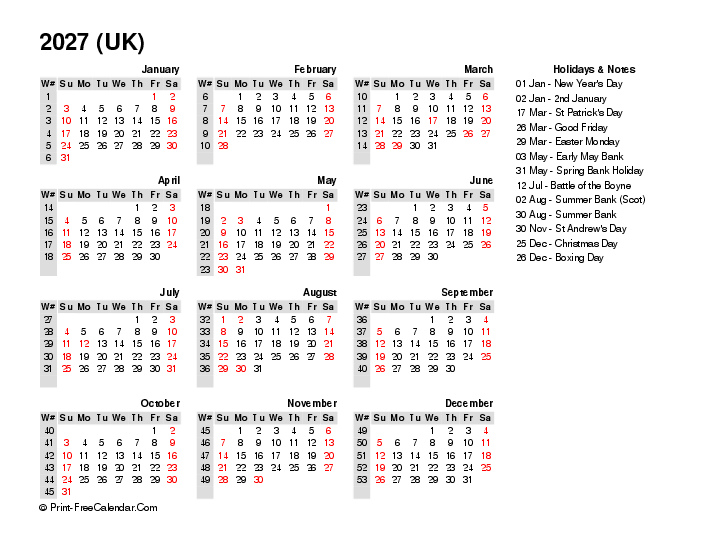 free editable calendar 2027 with uk-bank holidays, week start on sunday, Landscape orientation