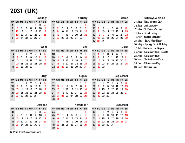 Free Editable Calendar 2031 With Uk Bank Holidays Sunday Start, Landscape Layout
