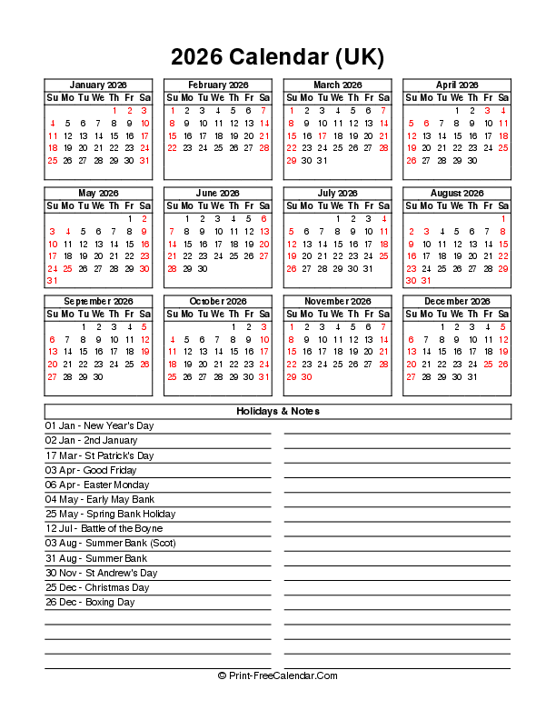 Download Free Printable 2026 Calendar Starting Sunday With Uk Bank 