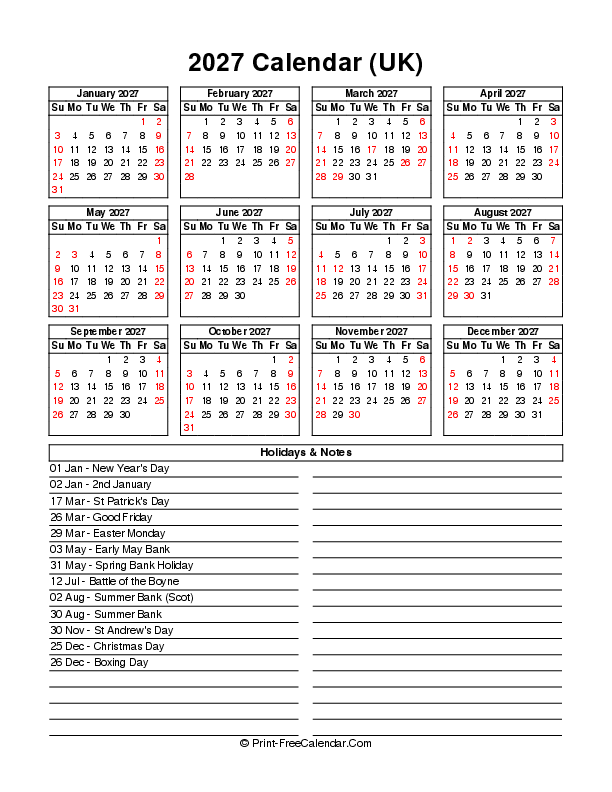 free printable 2027 calendar, weeks starting on sunday with uk-bank holidays, Portrait orientation