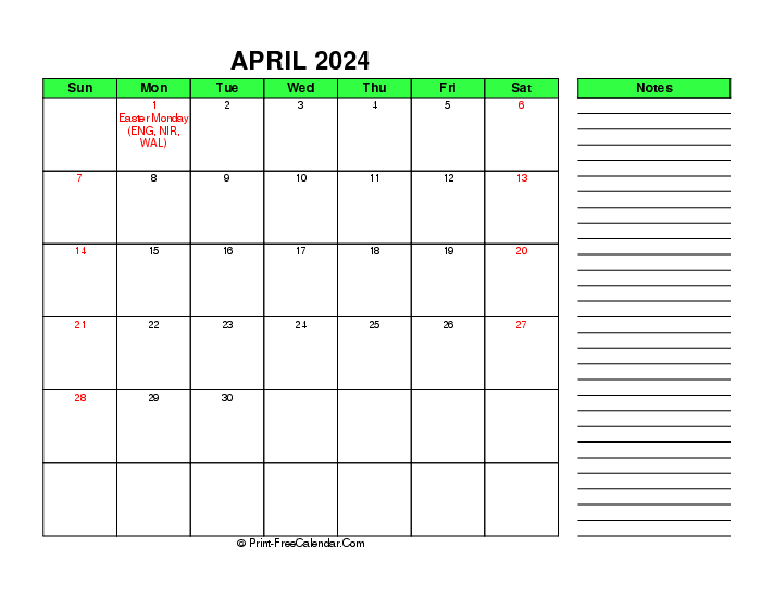 green april 2024 calendar with uk-bank holidays, week start on sunday, Landscape orientation